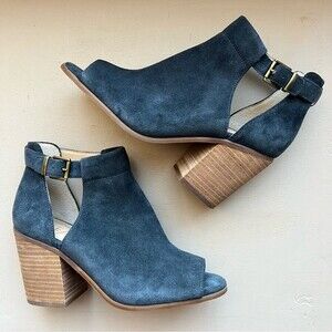 Sole Society So-Ferris Blue Suede Open Toe Sandal Block Stacked Heel Women's 7.5